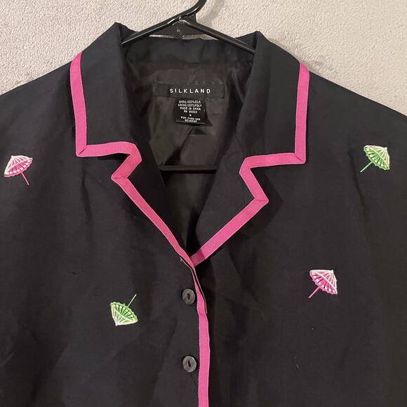 Silk Land Embroidered Silk Jacket Black Pink Parasol Design Womens Sz 4 - Picture 5 of 12